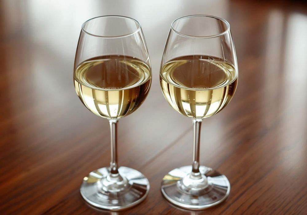 Weißweinglas auf Tisch mit sichtbaren Unterschied zu Rotweinglas